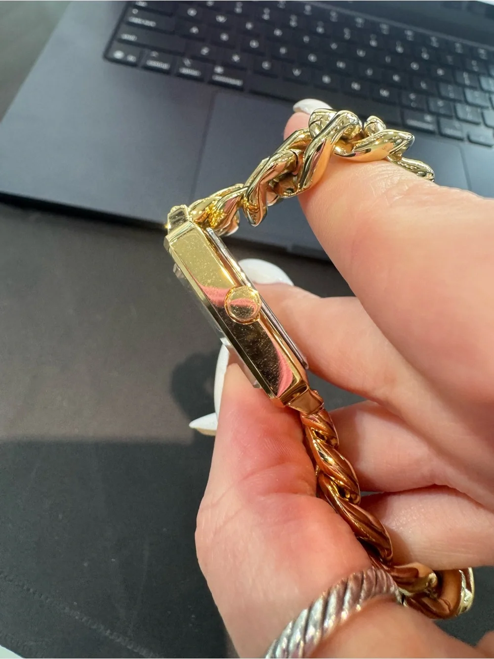 New DMQ Women’s Gold-Tone Rectangular Watch with Rhinestone Bezel and Bracelet
